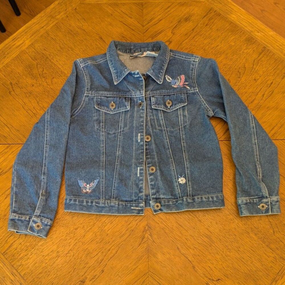 Vintage Faded Glory Butterfly Embroidered Denim Jacket Girls 10/12 Medium Wash